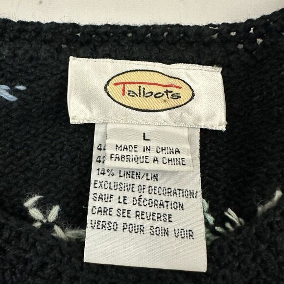Talbots Womens Vintage 90s Snowflake Cardigan Sweater Size L Black Blue Holiday - Picture 6 of 12